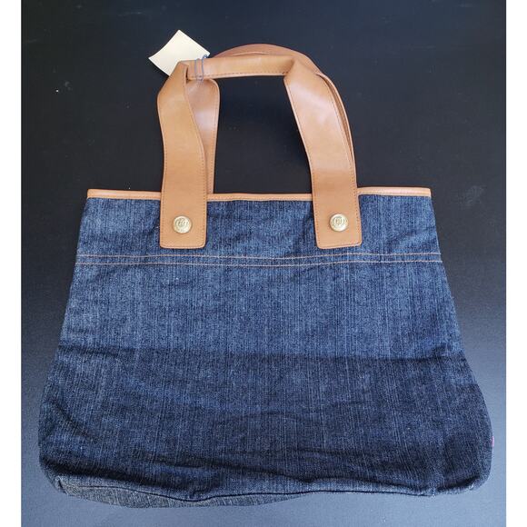 BBW Dark Denim Blue Jean Fabric w. Leather Straps Over The Shoulder Hobo Purse - Picture 3 of 6